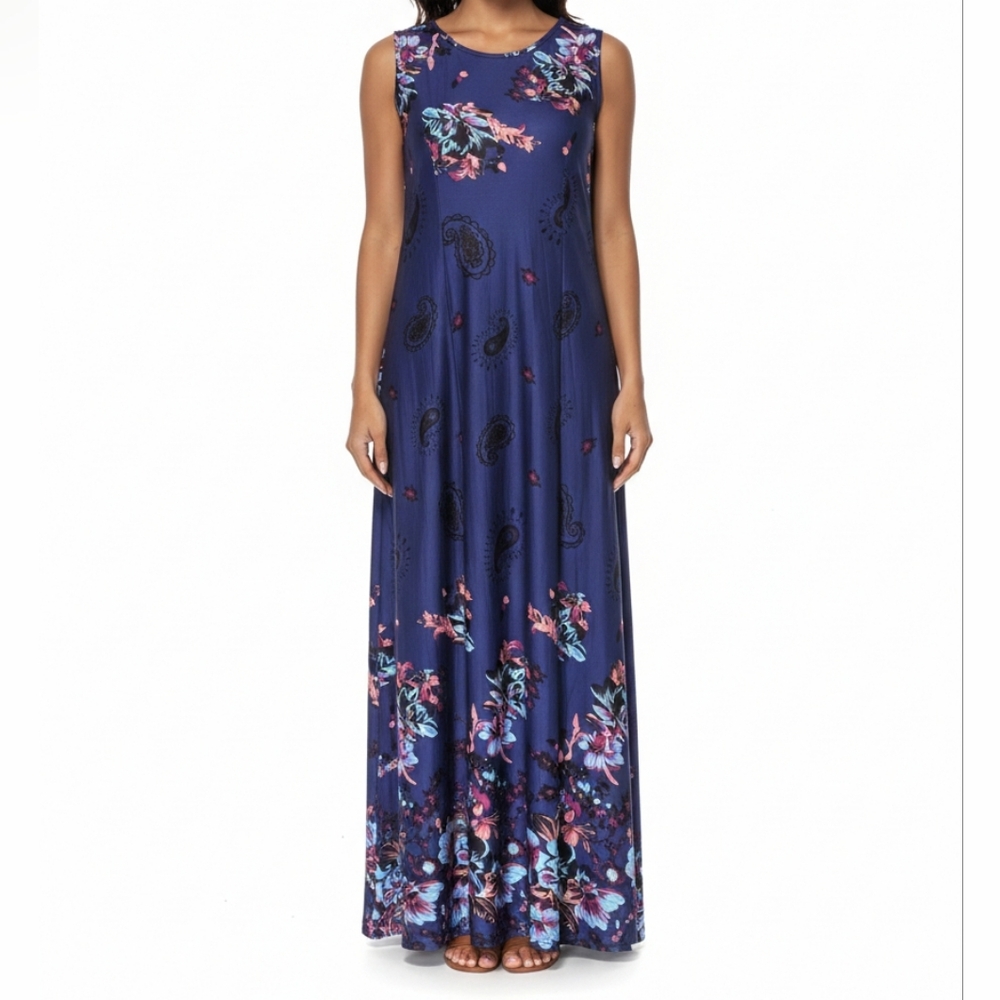 Reborn New York Floral Blue Sleeveless Maxi Dress Pockets Women's Large Boho‎